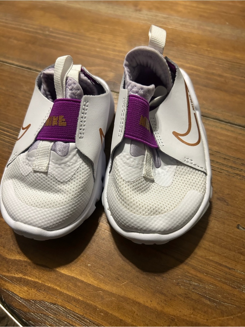 Nike Toddler 4C White Sneakers with Purple and Gold Accents